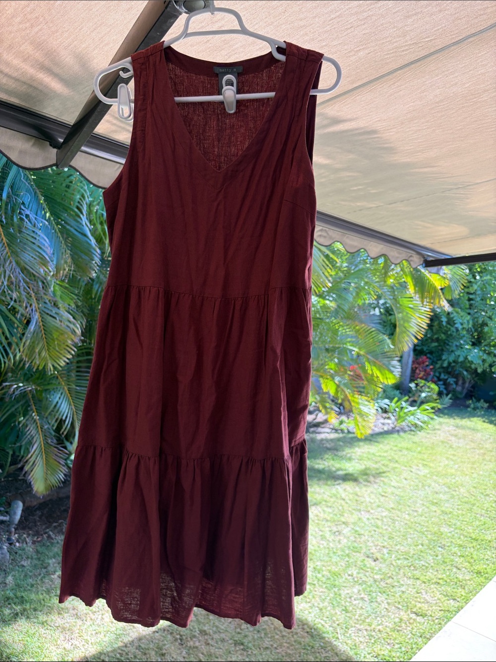 Matty M Sleeveless Tiered V-Neck Dress in Burgundy